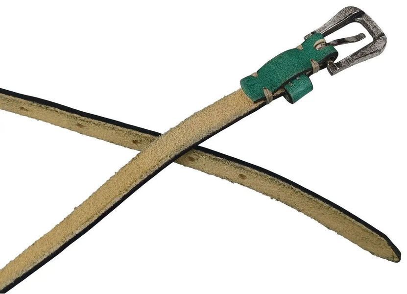 Вузький вінтажний шкіряний жіночий ремінь ручної роботи B.Belt бірюзовий RMT295 фото