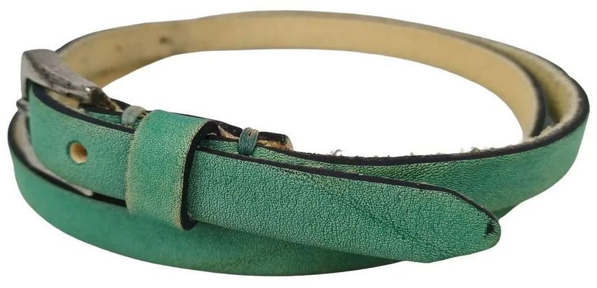 Вузький вінтажний шкіряний жіночий ремінь ручної роботи B.Belt бірюзовий RMT295 фото