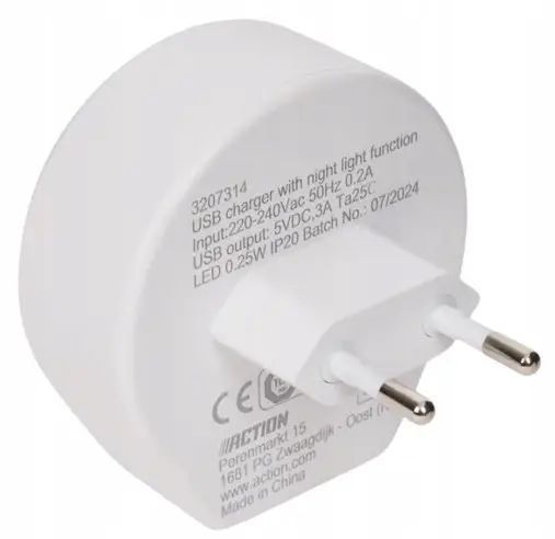 USB-C зарядний пристрій з нічником та датчиком освітлення, 15 Вт, тепле біле світло 3707314 фото